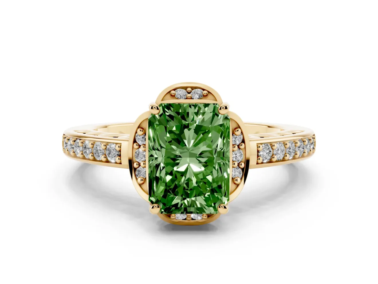 Radiant Cut Floral Pavé Engagement Ring Setting for a Fancy Green Lab-Grown Diamond | Yellow Gold