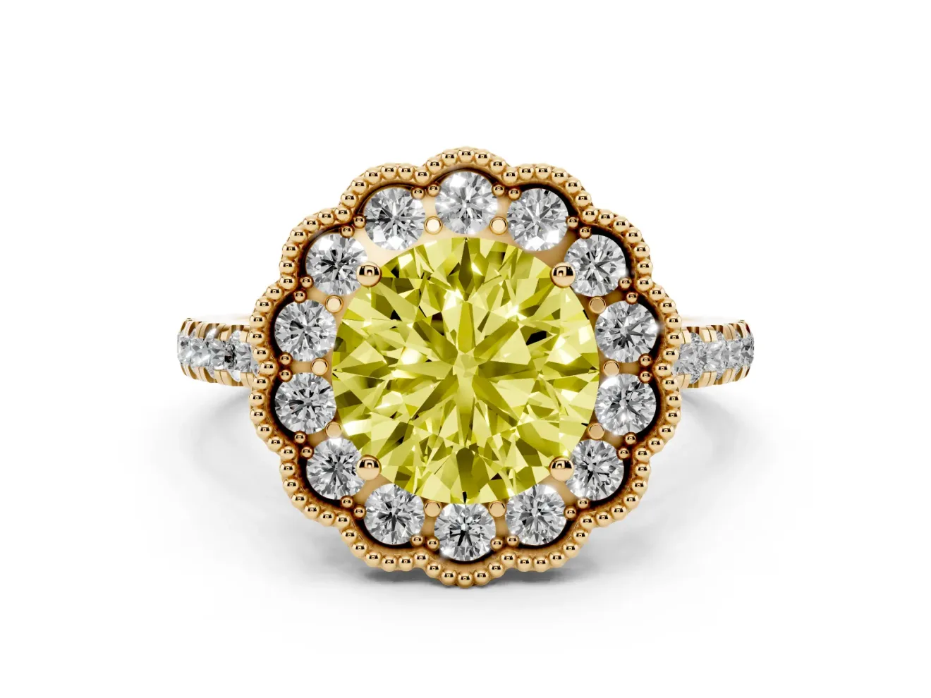 Round Milgrain Floral Halo Engagement Ring Setting for a Fancy Yellow Lab-Grown Diamond | Pavé Band | Yellow Gold