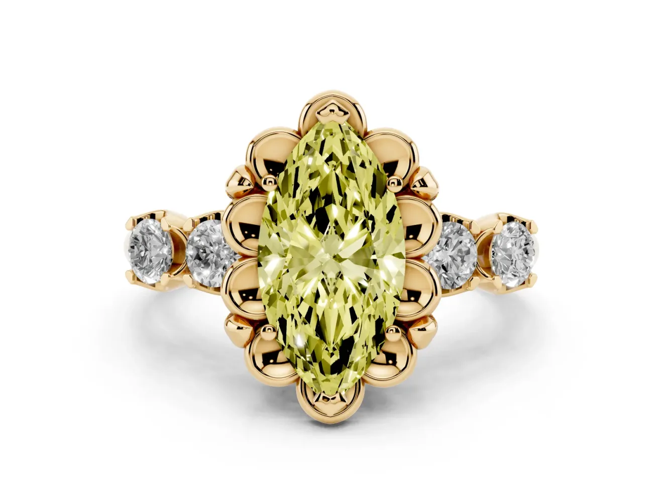 Marquise Floral Engagement Ring Setting for a Fancy Yellow Lab-Grown Diamond | Petal Frame and Side Stones | Yellow Gold