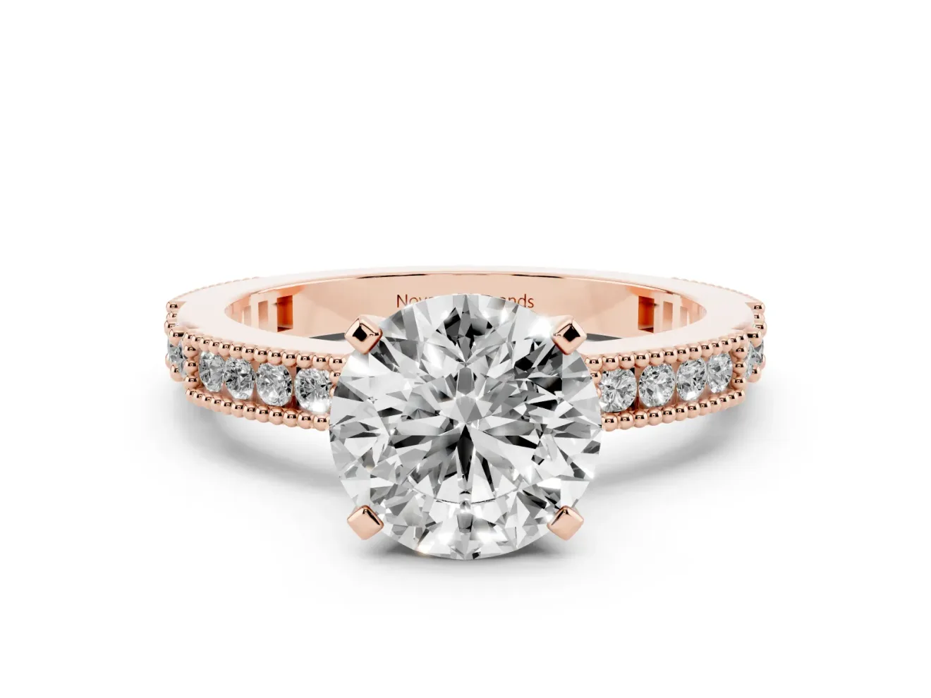 Round Vintage Pavé Solitaire Engagement Ring Setting | Milgrain Edges | Rose Gold