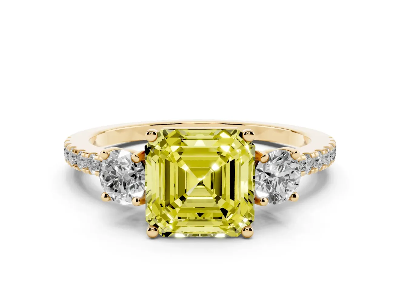Asscher Cut Three Stone Engagement Ring Setting for a Fancy Yellow Lab-Grown Diamond | Pave Shoulders | Yellow Gold