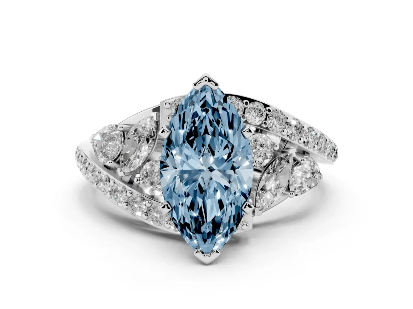 Fancy Blue Marquise Cut Diamond Halo Ring Set in Platinum with Marquise and Pavé Band in Prong Setting