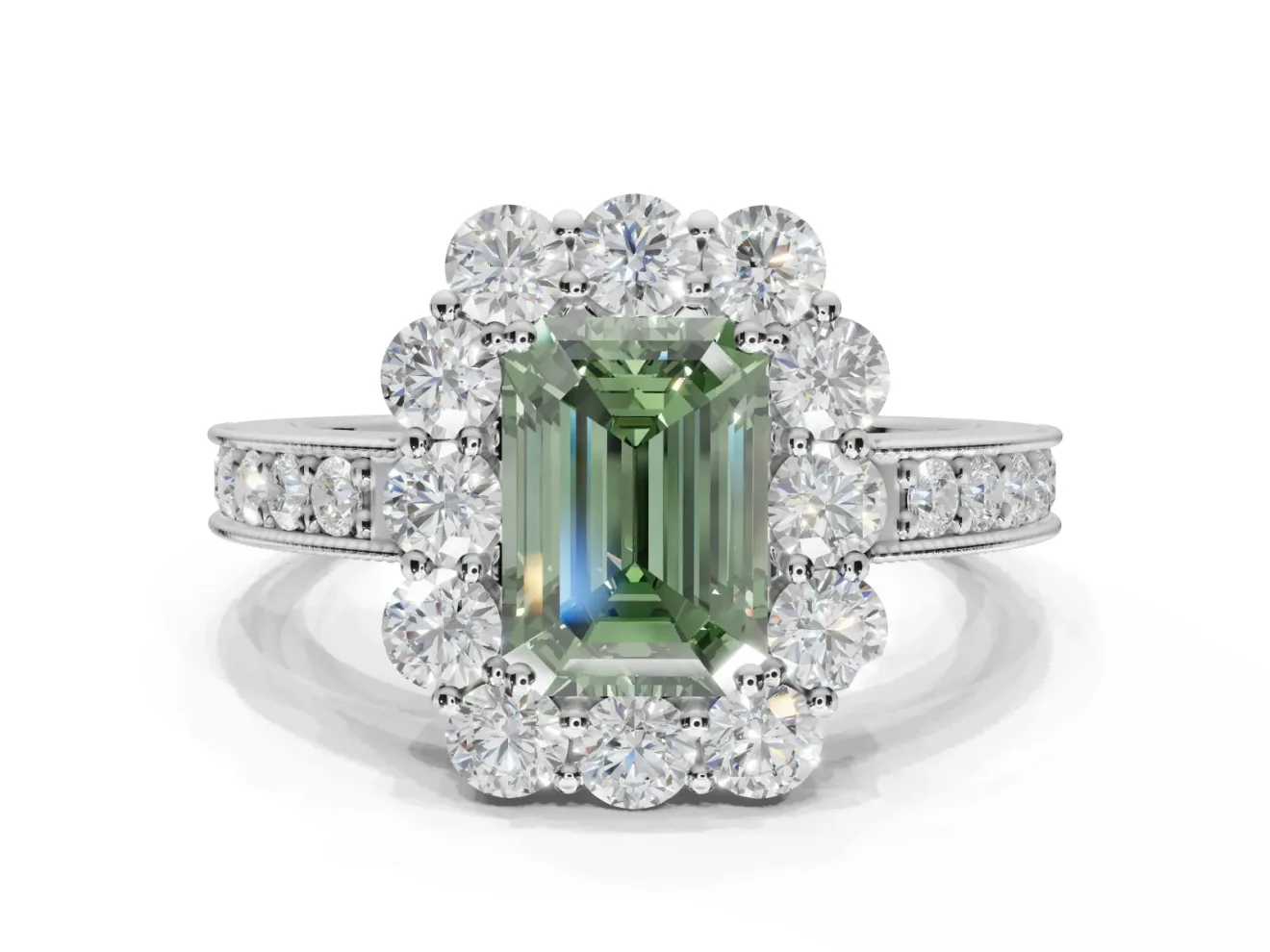 Emerald Cut Vintage Halo Engagement Ring Setting for a Fancy Green Lab-Grown Diamond | White Gold