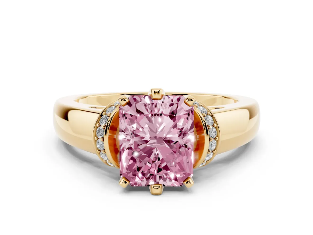 Radiant Cut Pavé Collar Engagement Ring Setting for a Fancy Pink Lab-Grown Diamond | Yellow Gold