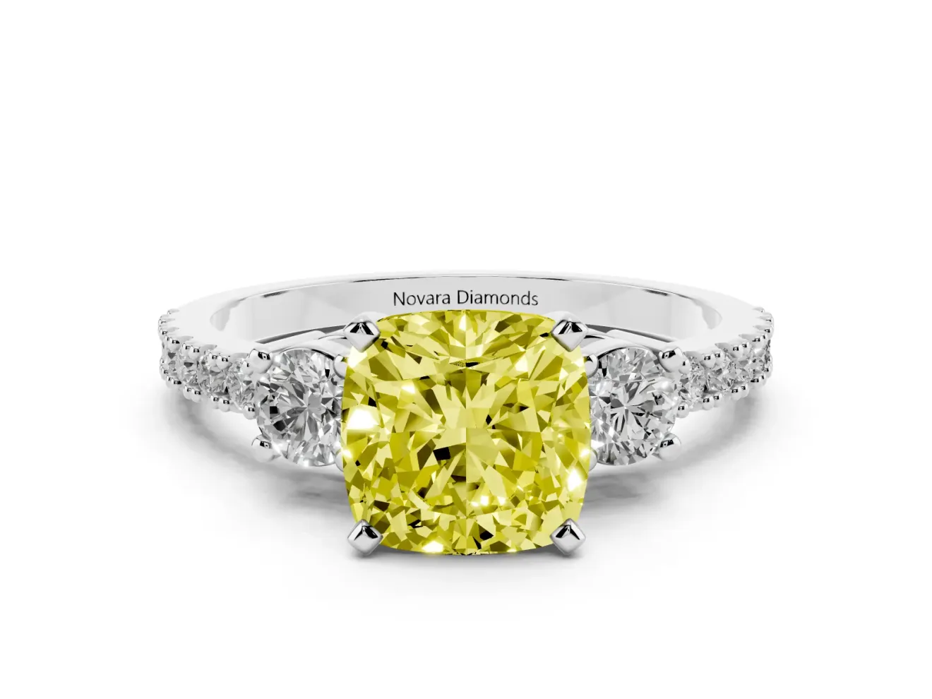 Fancy Yellow Three-Stone Cushion Cut Diamond Pavé Band Ring Set in Silver with Prong Setting