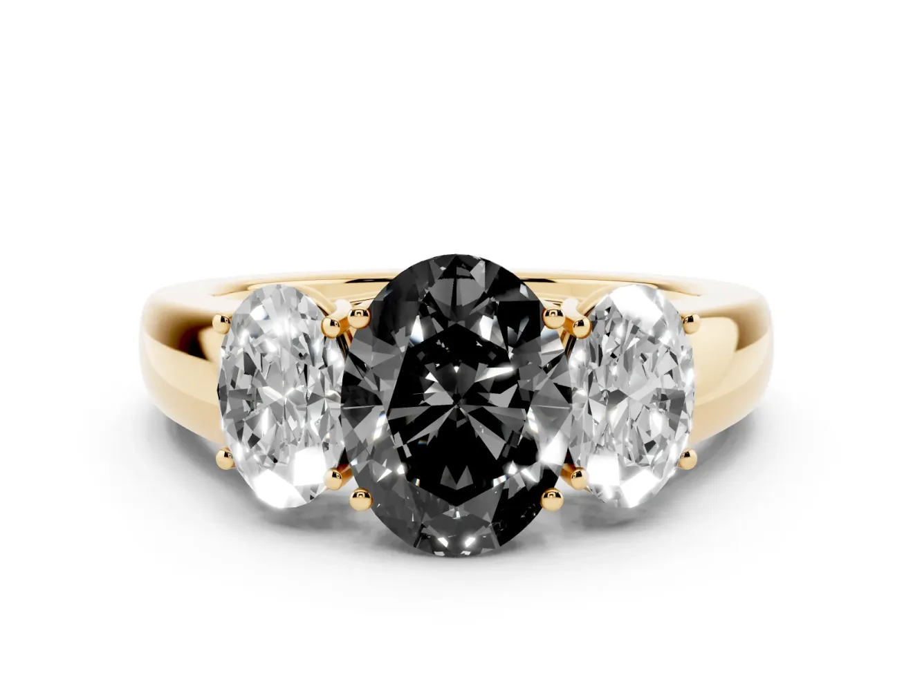 Oval Three Stone Engagement Ring Setting for a Black Center | Touching Side Stones | Yellow Gold