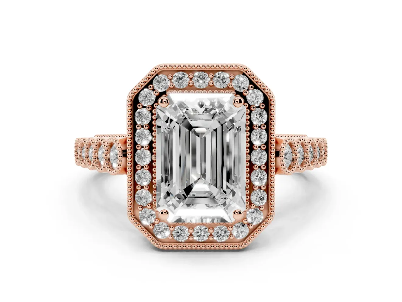 Emerald Cut Milgrain Halo Engagement Ring Setting | Graduated Bezel Accents | Rose Gold