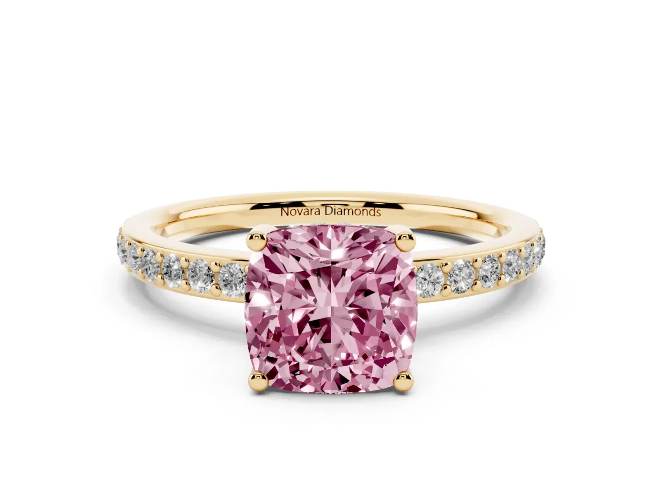 Fancy Pink Cushion Cut Diamond Pavé Band Ring Set in Yellow gold with Prong-Set Center Stone