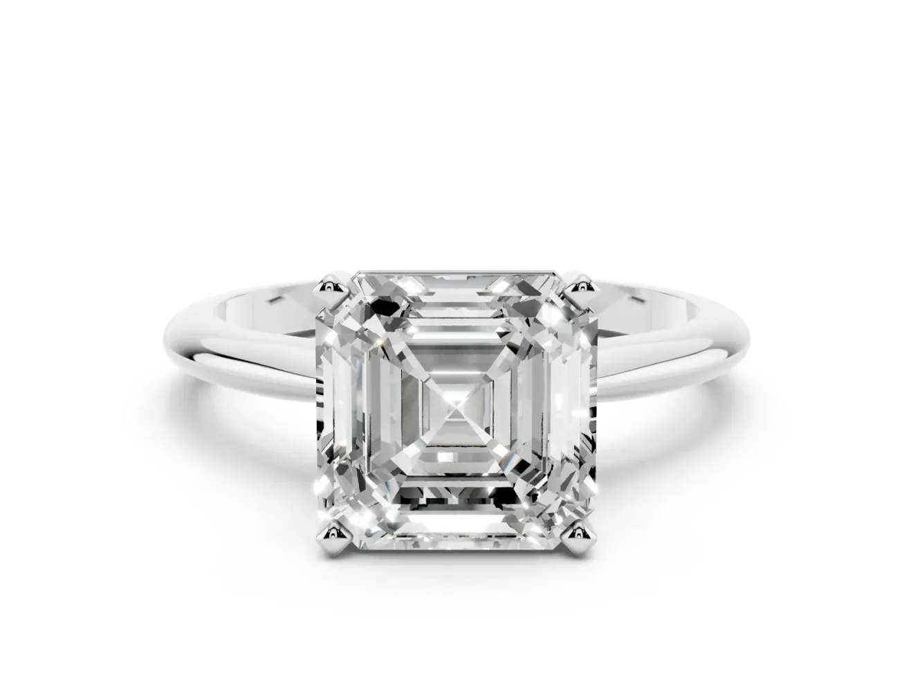 Asscher Cut Diamond Solitaire Ring Set in White gold with Prong Setting on a Plain Round Band