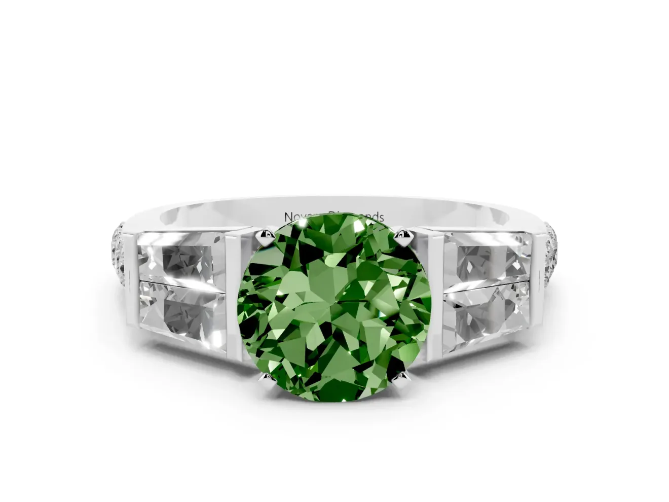 Fancy Green Round Cut Diamond Engagement Ring Set in Platinum with Baguette Side Stones and Channel Set Band