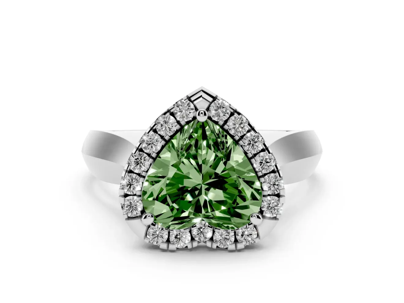Fancy Green Heart Cut Diamond Halo Solitaire Engagement Ring Set in White gold with Square Band and Prong Setting