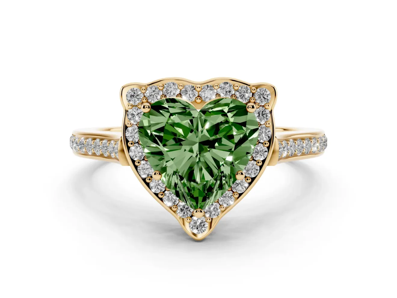Heart-Shaped Petal Tip Halo Engagement Ring Setting for a Fancy Green Lab-Grown Diamond | Pavé Band | Yellow Gold