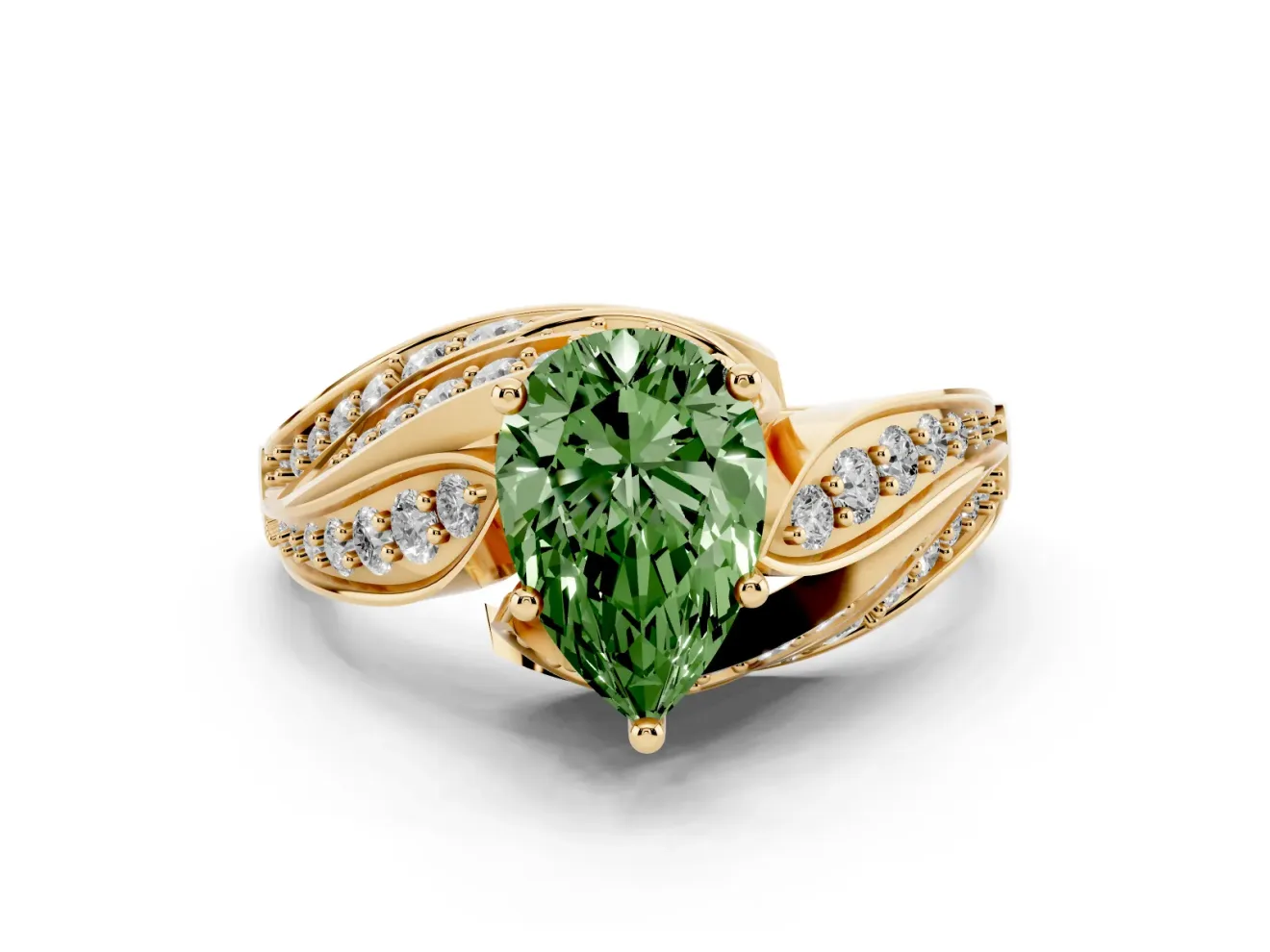 Pear-Shaped Bypass Pavé Engagement Ring Setting for a Fancy Green Lab-Grown Diamond | Graduated Pavé | Yellow Gold