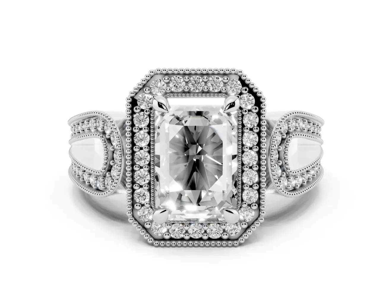 Emerald Cut Vintage Milgrain Halo Engagement Ring Setting | Open Loop Pave Shoulders | White Gold