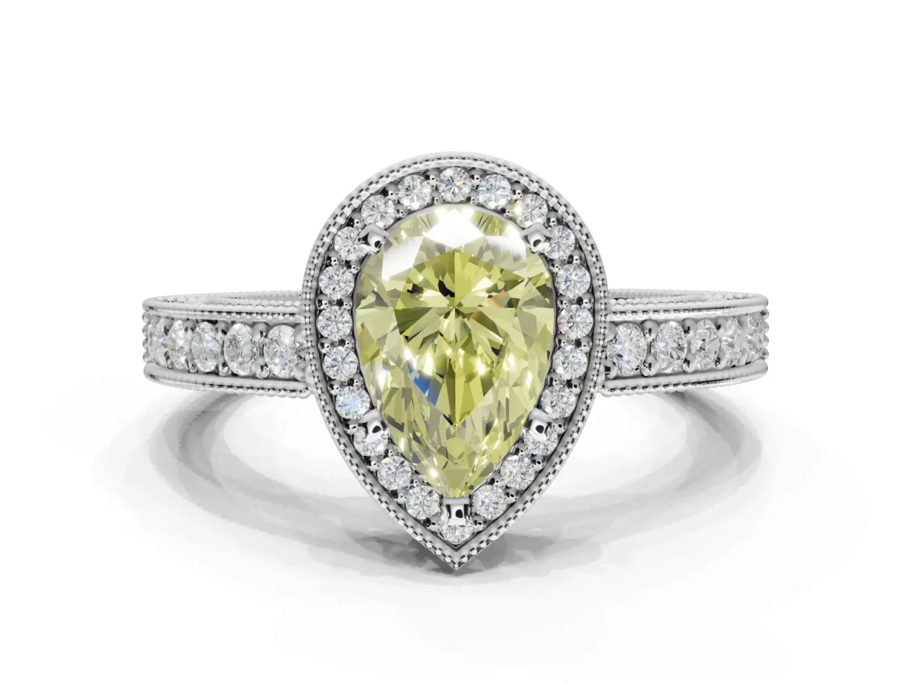 Pear-Shaped Milgrain Halo Engagement Ring Setting for a Fancy Yellow Lab-Grown Diamond | Wide Pavé Band | White Gold