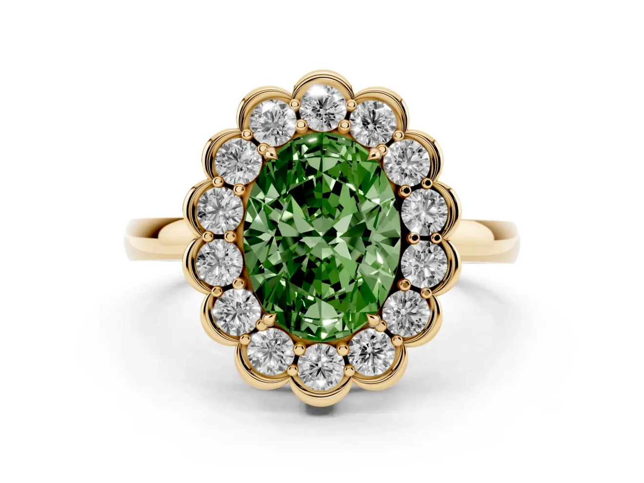 Oval Scalloped Cluster Halo Engagement Ring Setting for a Fancy Green Lab-Grown Diamond | Plain Band | Yellow Gold