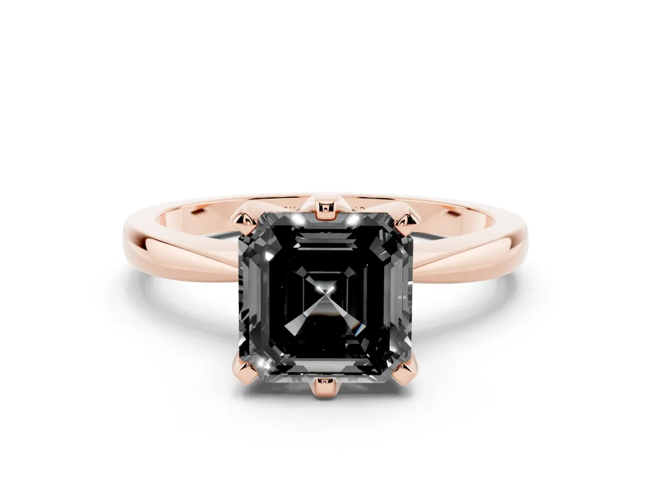 Fancy Black Asscher Cut Diamond Solitaire Engagement Ring Set in Rose gold with Slim Tapered Solitaire Band