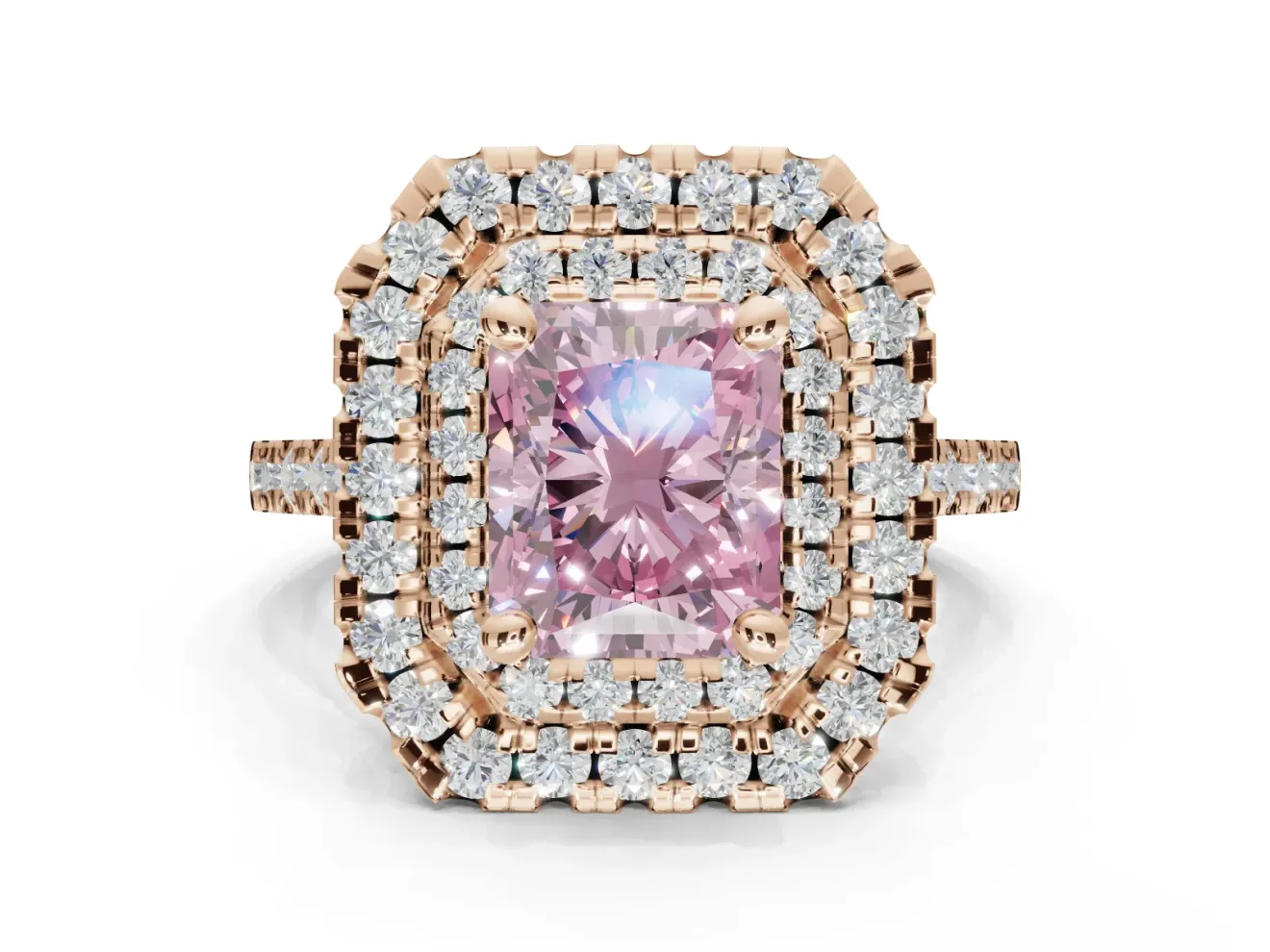 Fancy Pink Radiant Cut Lab-Grown Diamond Double Halo Statement Ring Set in Rose Gold with Pavé Band