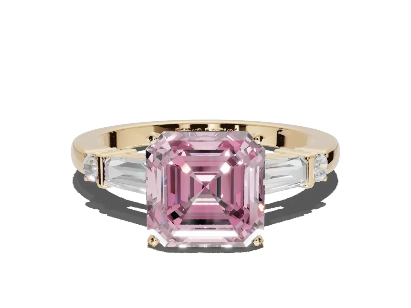 Asscher Cut Tapered Baguette Engagement Ring Setting for a Fancy Pink Lab-Grown Diamond | Bar Set Sides | Yellow Gold