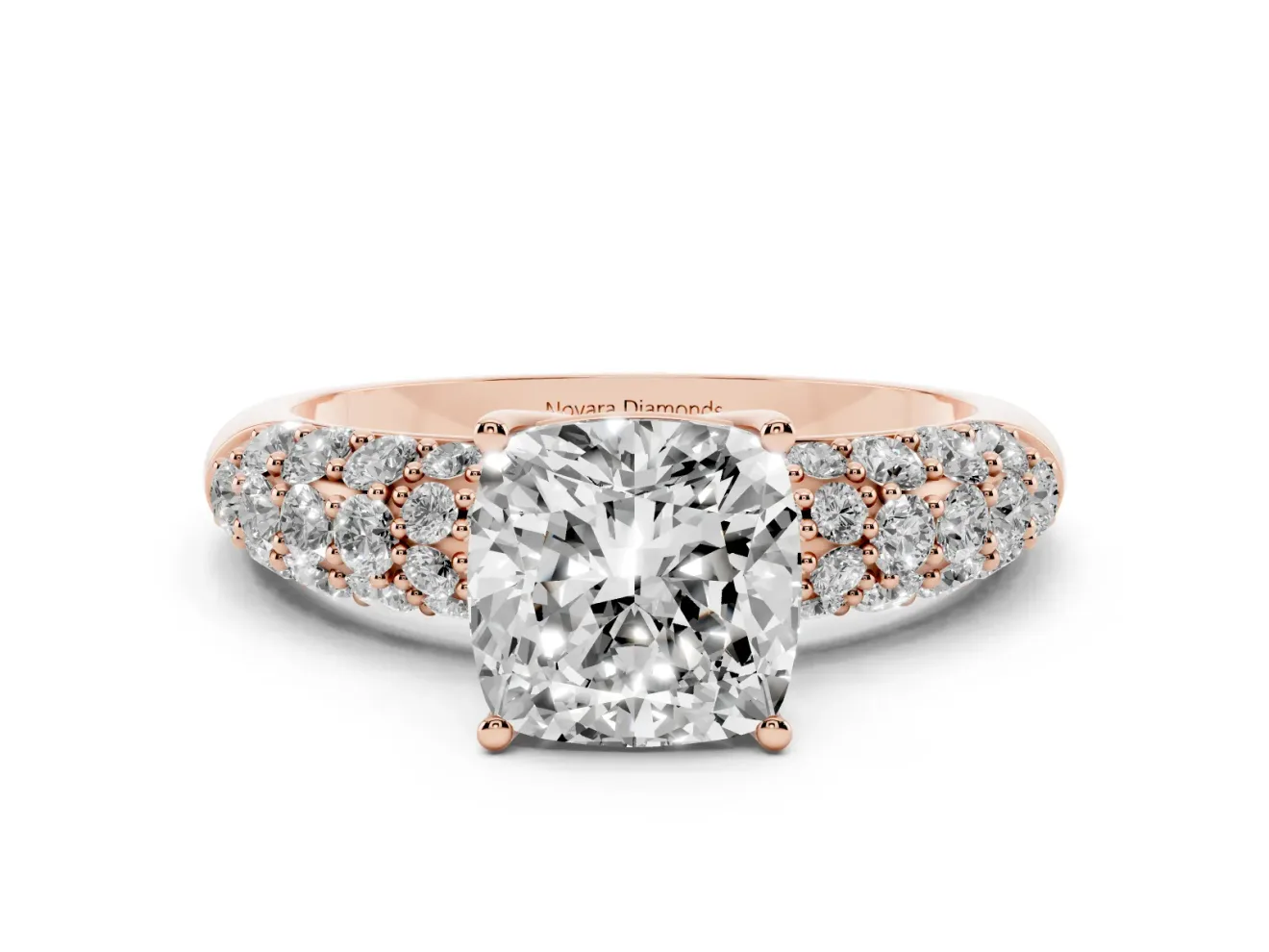 Cushion Cut Multi Row Pave Solitaire Engagement Ring Setting | Domed Shoulders | Rose Gold