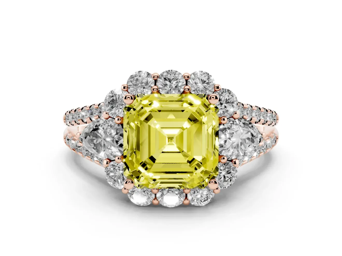 Asscher Cut Scalloped Halo Engagement Ring Setting for a Fancy Yellow Lab-Grown Diamond | Pear Side Stones | Rose Gold