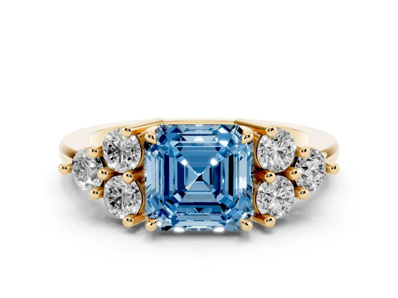 Fancy Blue Asscher Cut Diamond Solitaire Ring Set in Yellow gold with Cluster Accents on Each Side