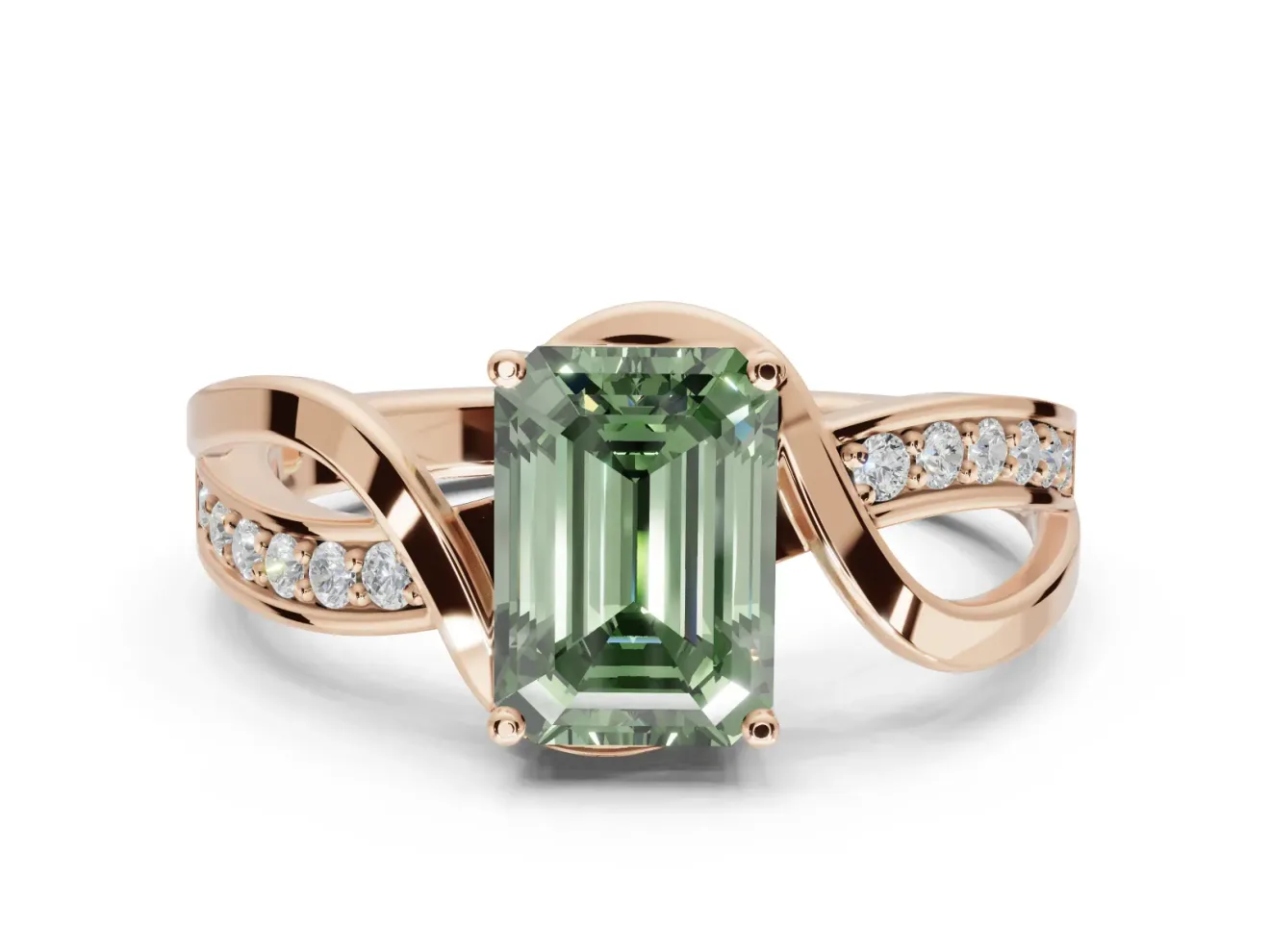 Emerald Cut Bypass Solitaire Engagement Ring Setting for a Fancy Green Lab-Grown Diamond | Pavé Strands | Rose Gold