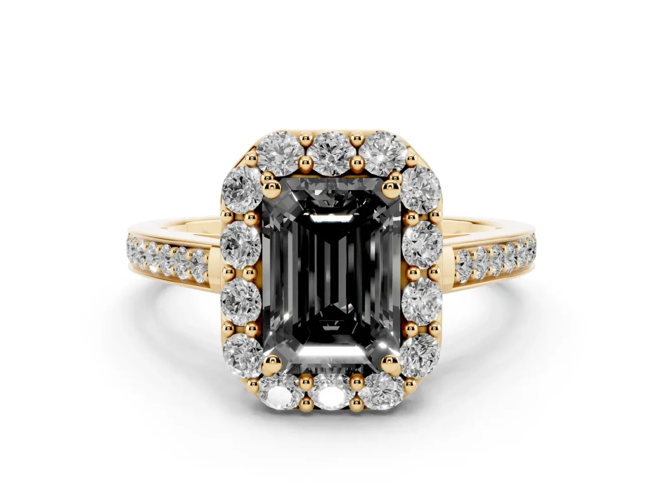 Fancy Black Emerald Cut Diamond Floral Halo Ring Set in Yellow gold with Pavé Band and Prong Setting