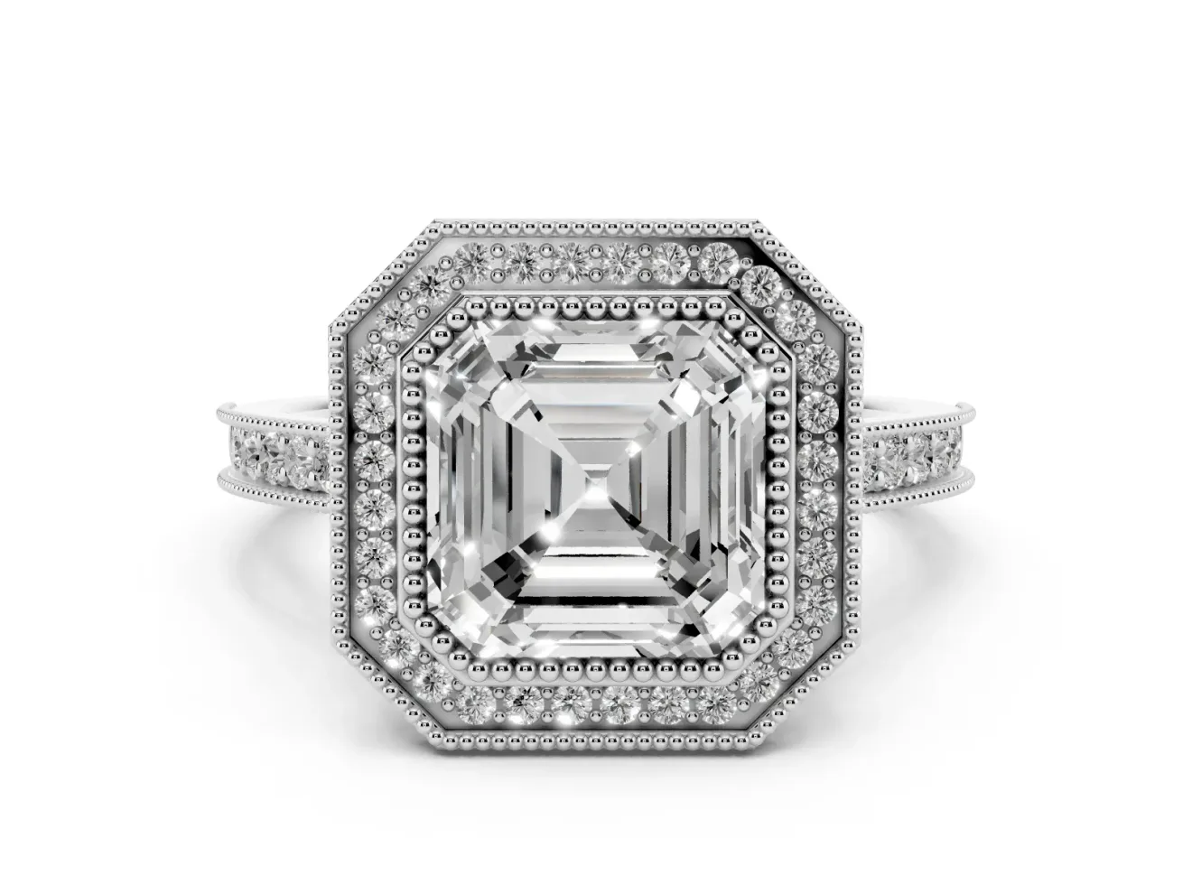 Asscher Cut Vintage Milgrain Halo Engagement Ring Setting | Bezel Head | Sterling Silver