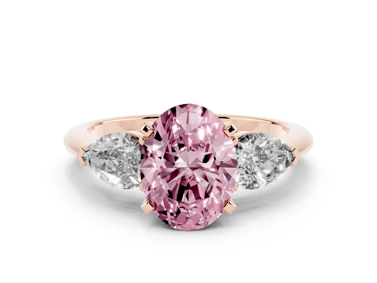 Oval Three-Stone Ring Setting for a Fancy Pink Lab-Grown Diamond | Pear Side Stones | Rose Gold