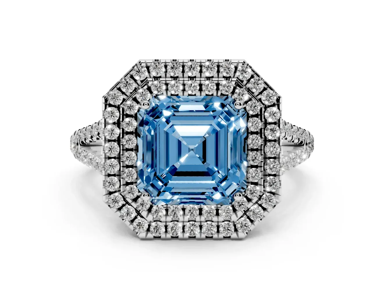 Asscher Cut Double Halo Engagement Ring Setting for a Fancy Blue Lab-Grown Diamond | Pavé Split Shank | Platinum