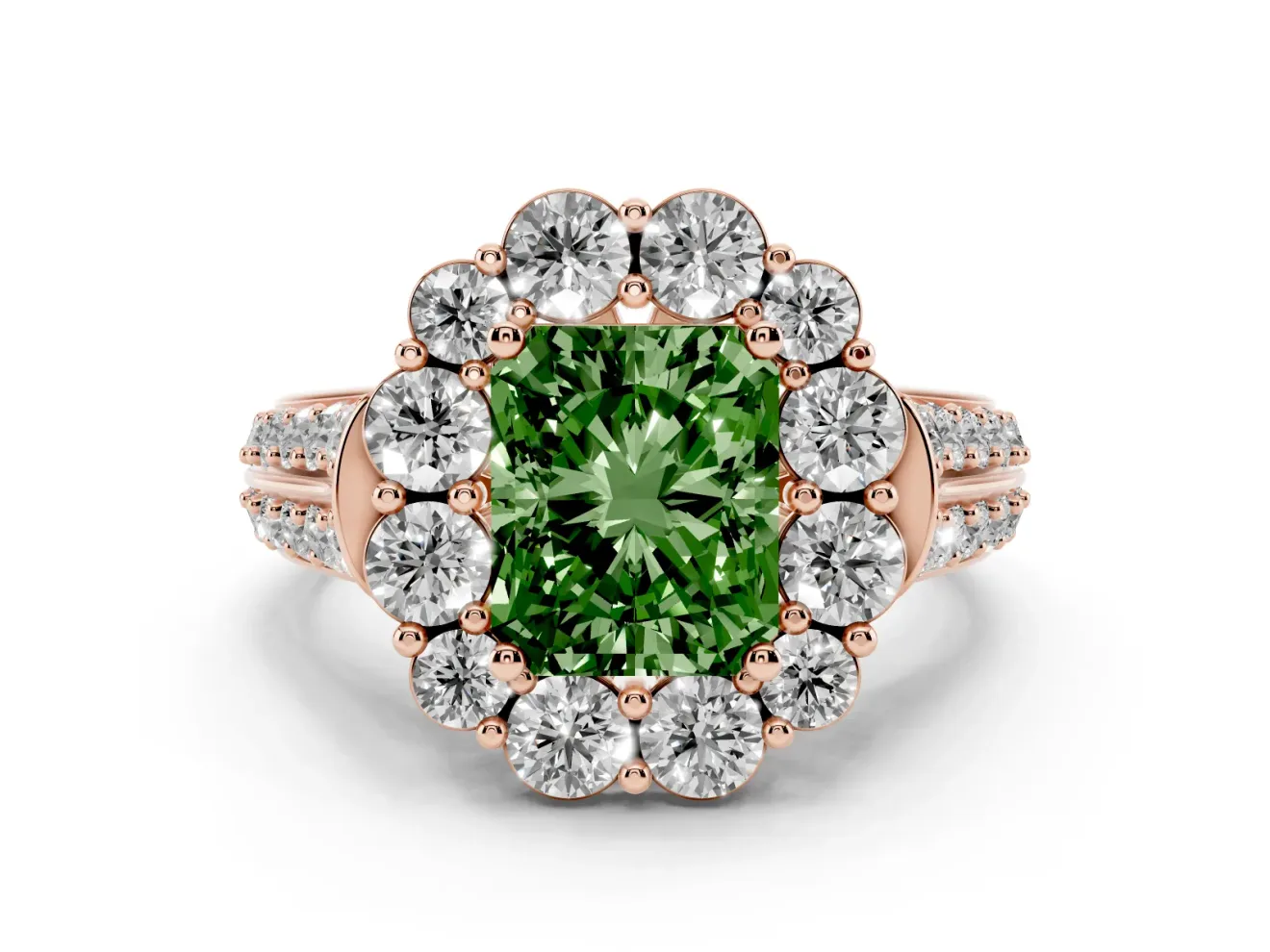 Fancy Green Radiant Cut Diamond Halo Engagement Ring Set in Rose gold with Split Shank and Prong Setting