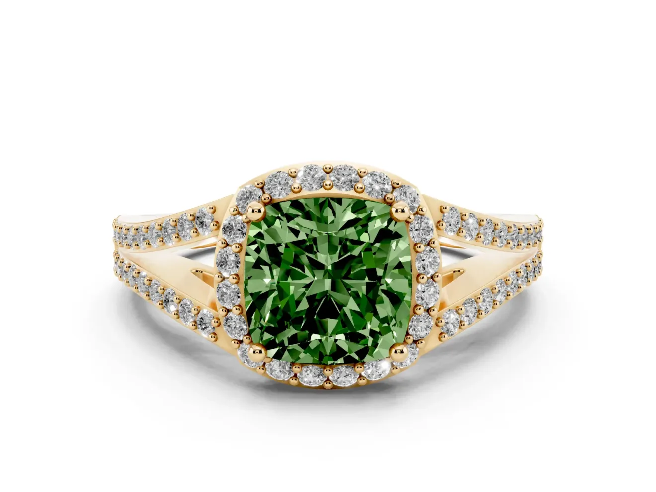 Cushion Cut Halo Engagement Ring Setting for a Fancy Green Lab-Grown Diamond | V-Split Pavé Band | Yellow Gold