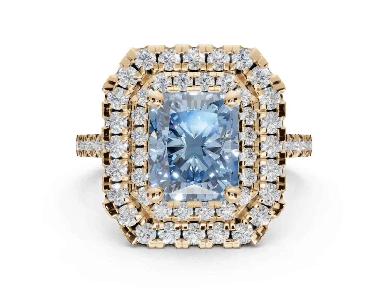 Fancy Blue Radiant Cut Lab-Grown Diamond Double Halo Statement Ring Set in Yellow Gold with Pavé Band