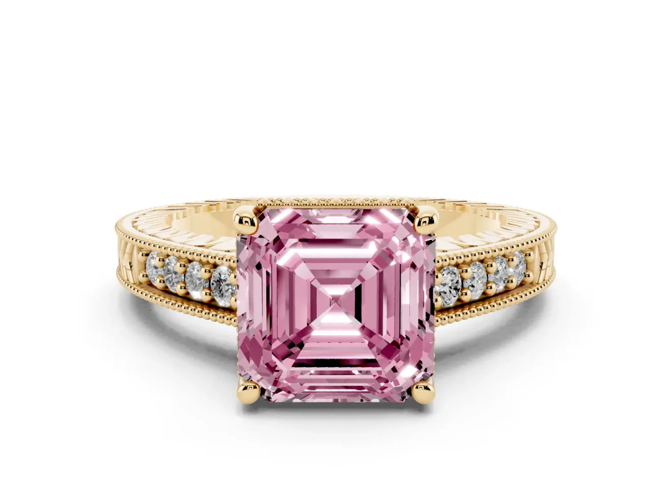 Asscher Cut Engraved Engagement Ring Setting for a Fancy Pink Lab-Grown Diamond | Yellow Gold