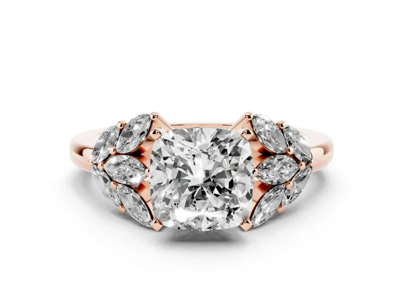Cushion Cut Diamond Cluster Leaf Design Ring Set in Rose gold with Prong Setting