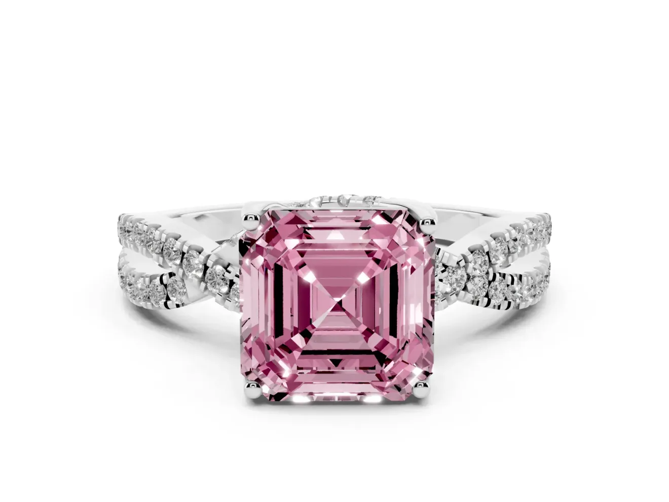 Asscher Cut Twisted Pave Engagement Ring Setting for a Fancy Pink Lab-Grown Diamond | Split Shank | Platinum