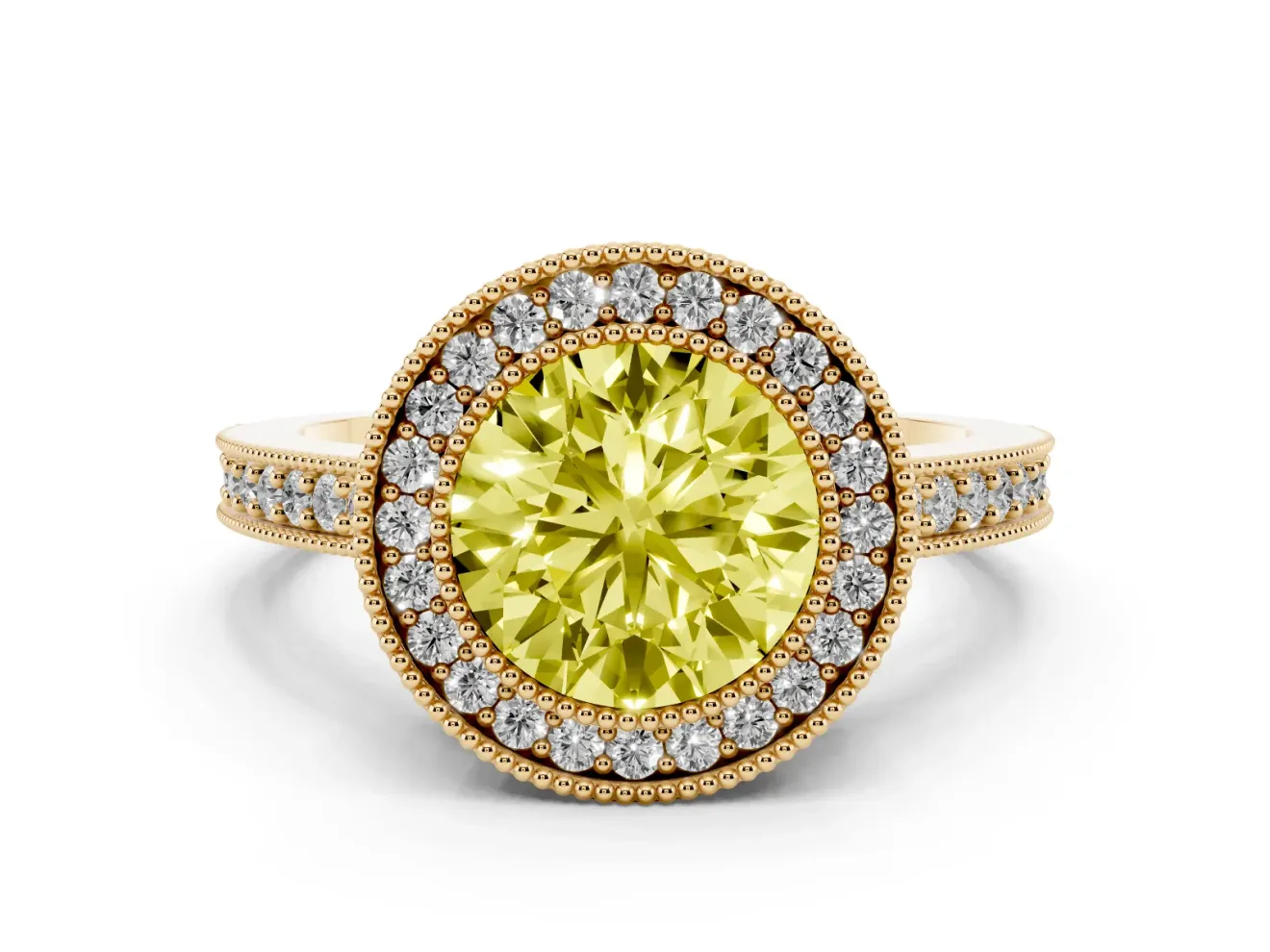 Fancy Yellow Round Cut Diamond Halo Engagement Ring Set in Yellow gold with Pavé Band and Round Halo Stones