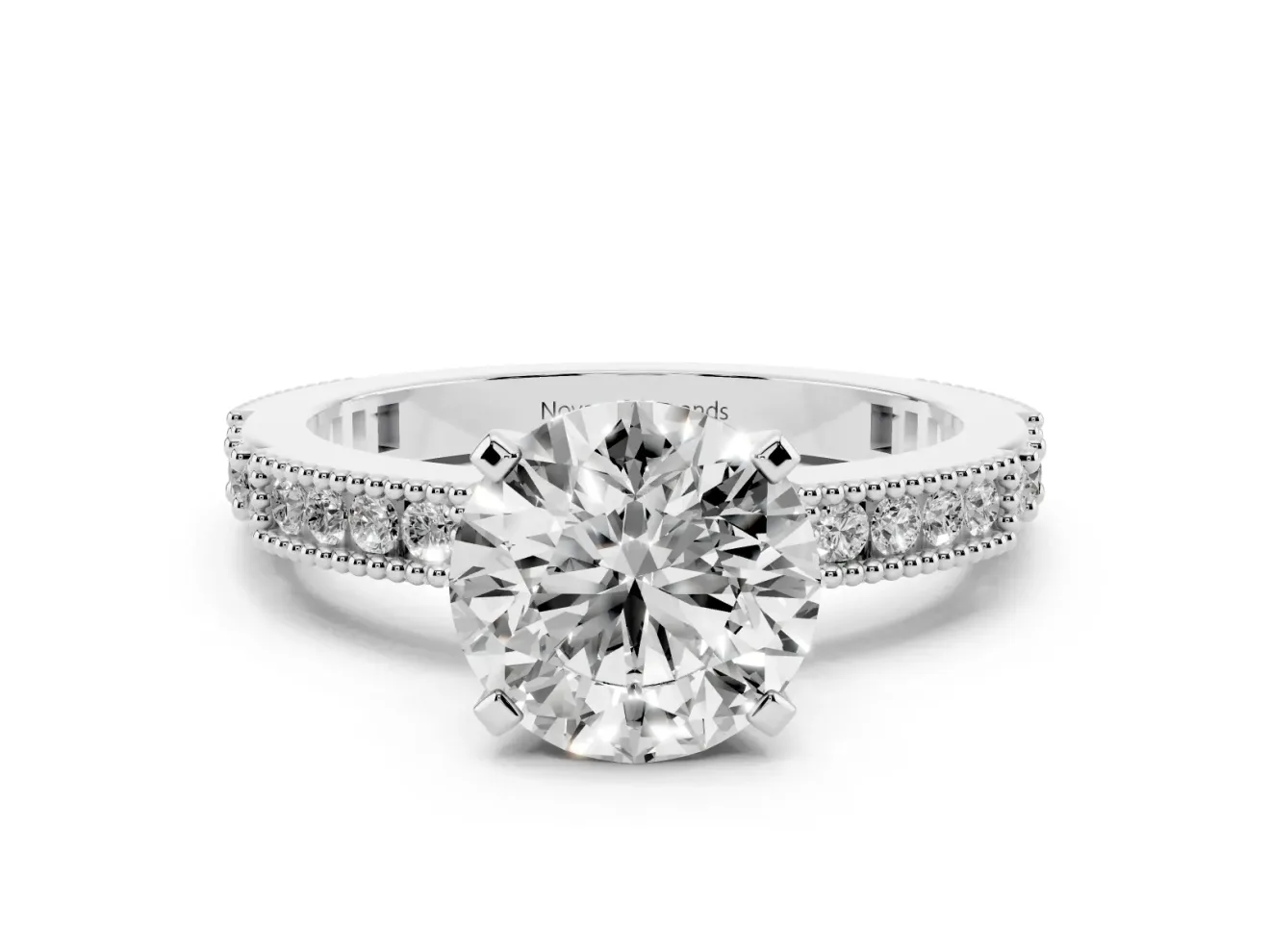 Round Vintage Pavé Solitaire Engagement Ring Setting | Milgrain Edges | White Gold