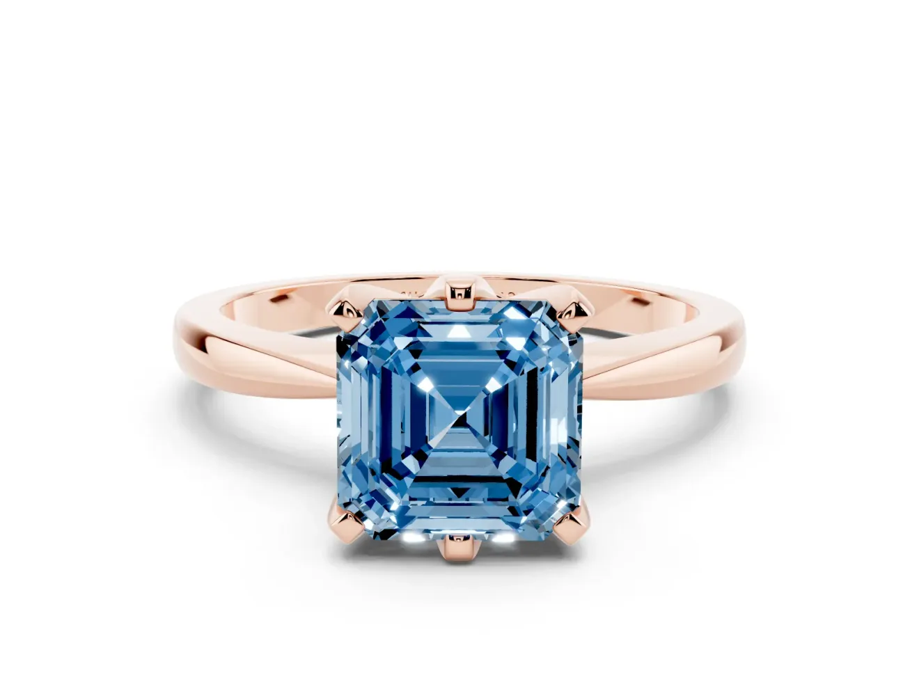 Fancy Blue Asscher Cut Diamond Solitaire Engagement Ring Set in Rose gold with Slim Tapered Solitaire Band