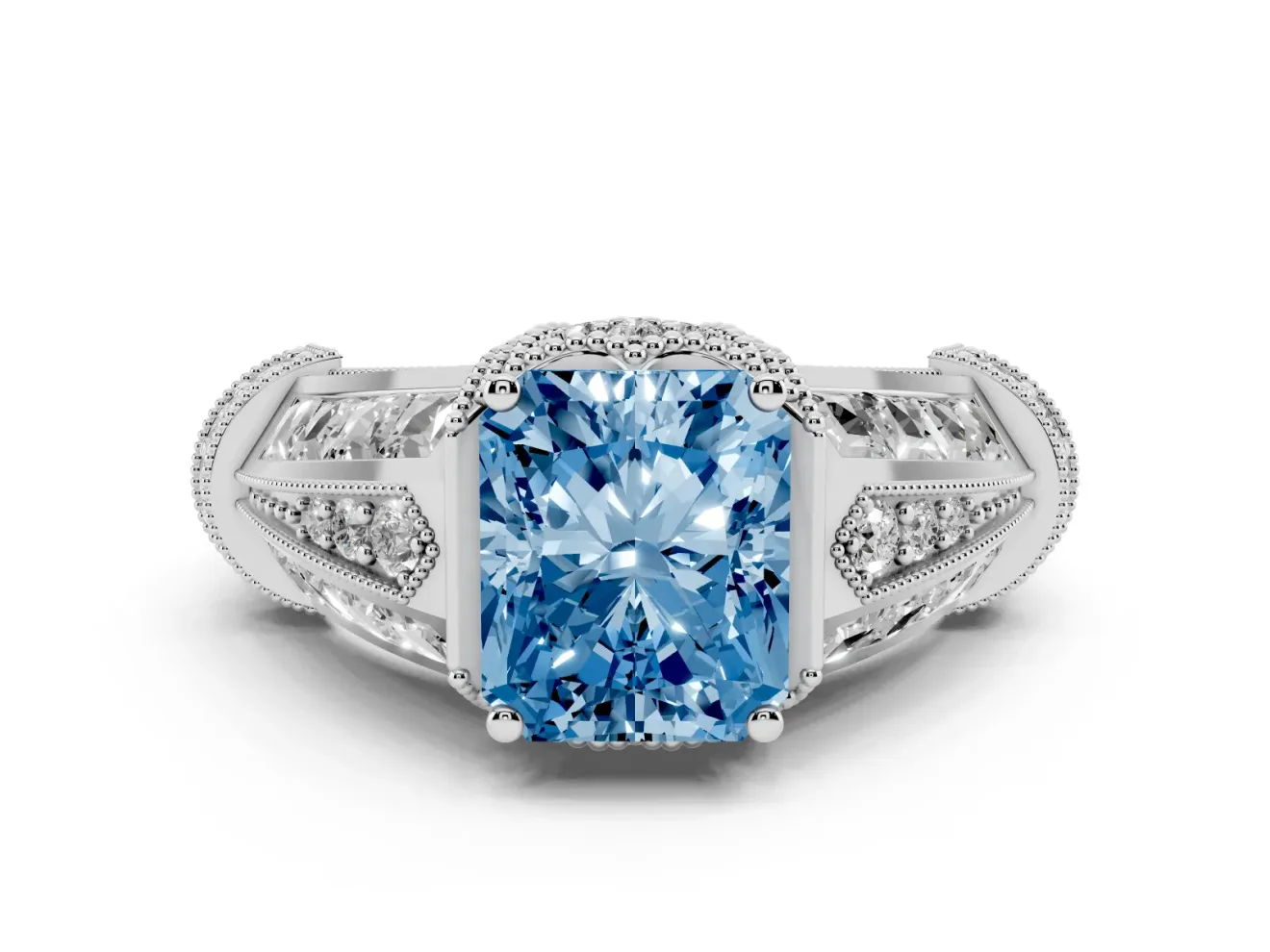 Fancy Blue Radiant Cut Diamond Vintage-Inspired Milgrain Ring Set in Platinum with Accent Split Shank