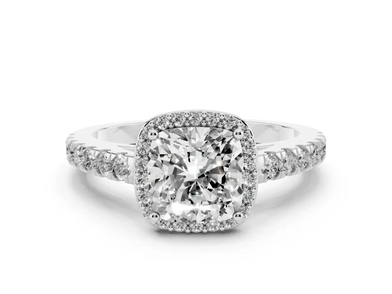 Cushion Cut Diamond Halo Engagement Ring Set in Platinum with Pavé Band and Prong Setting