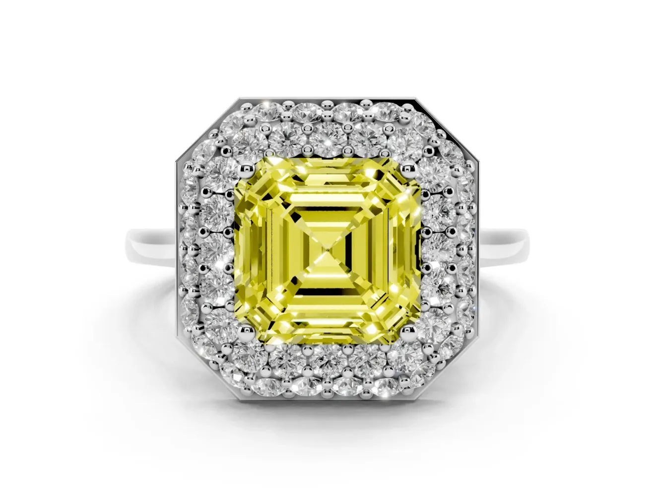 Fancy Yellow Asscher Cut Diamond Halo Engagement Ring Set in Platinum with Solitaire Band and Prong Setting