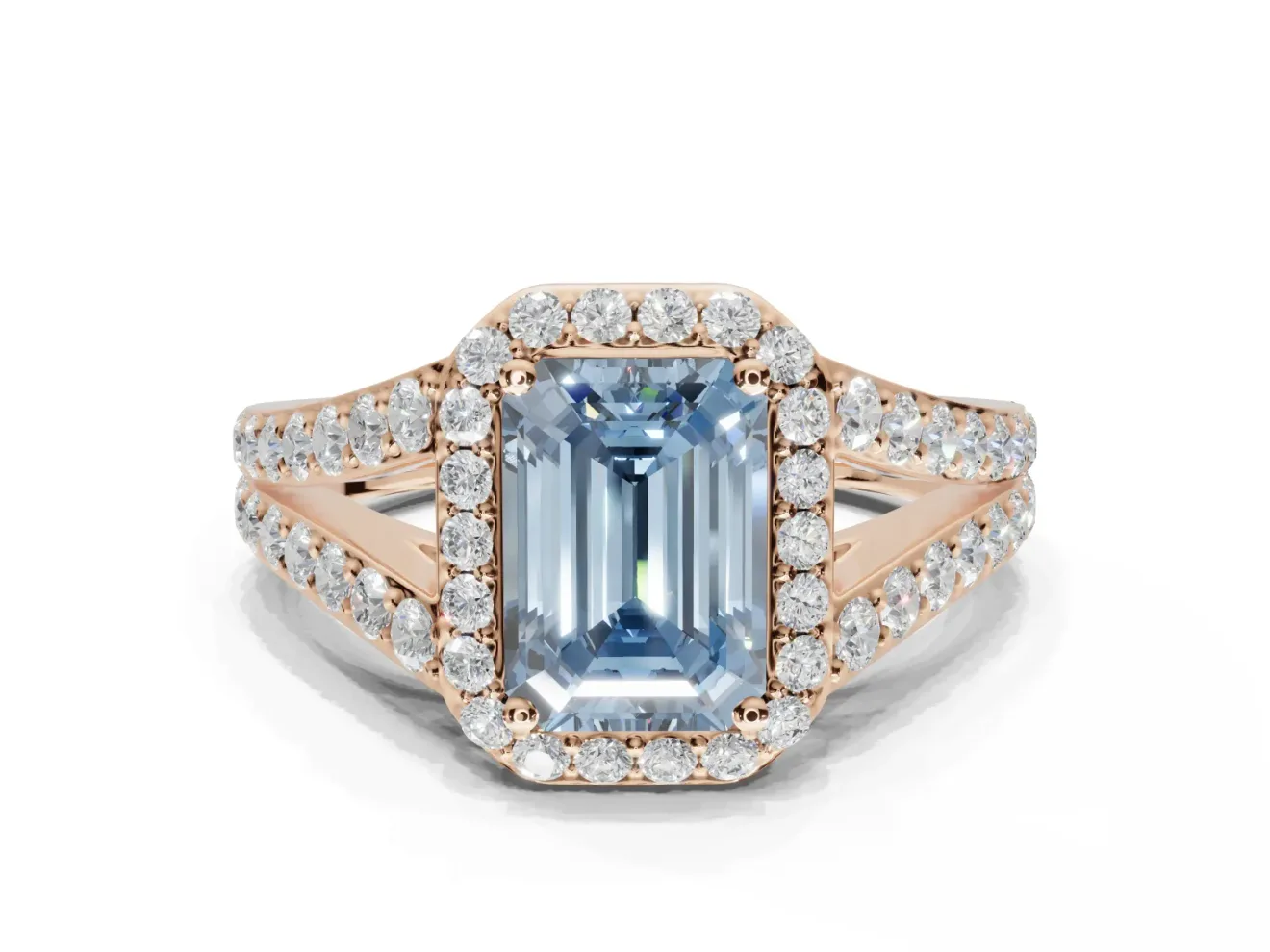 Emerald Cut Halo Pavé Engagement Ring Setting for a Fancy Blue Lab-Grown Diamond | Narrow Split Shank | Rose Gold