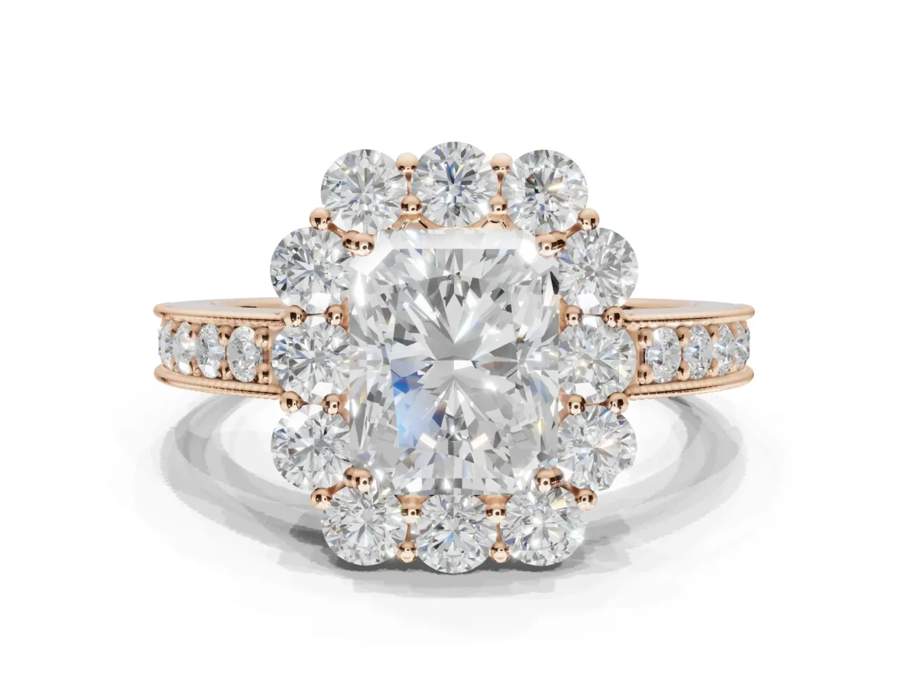 Radiant Cut Vintage Halo Engagement Ring Setting | Milgrain Channel Band | Rose Gold