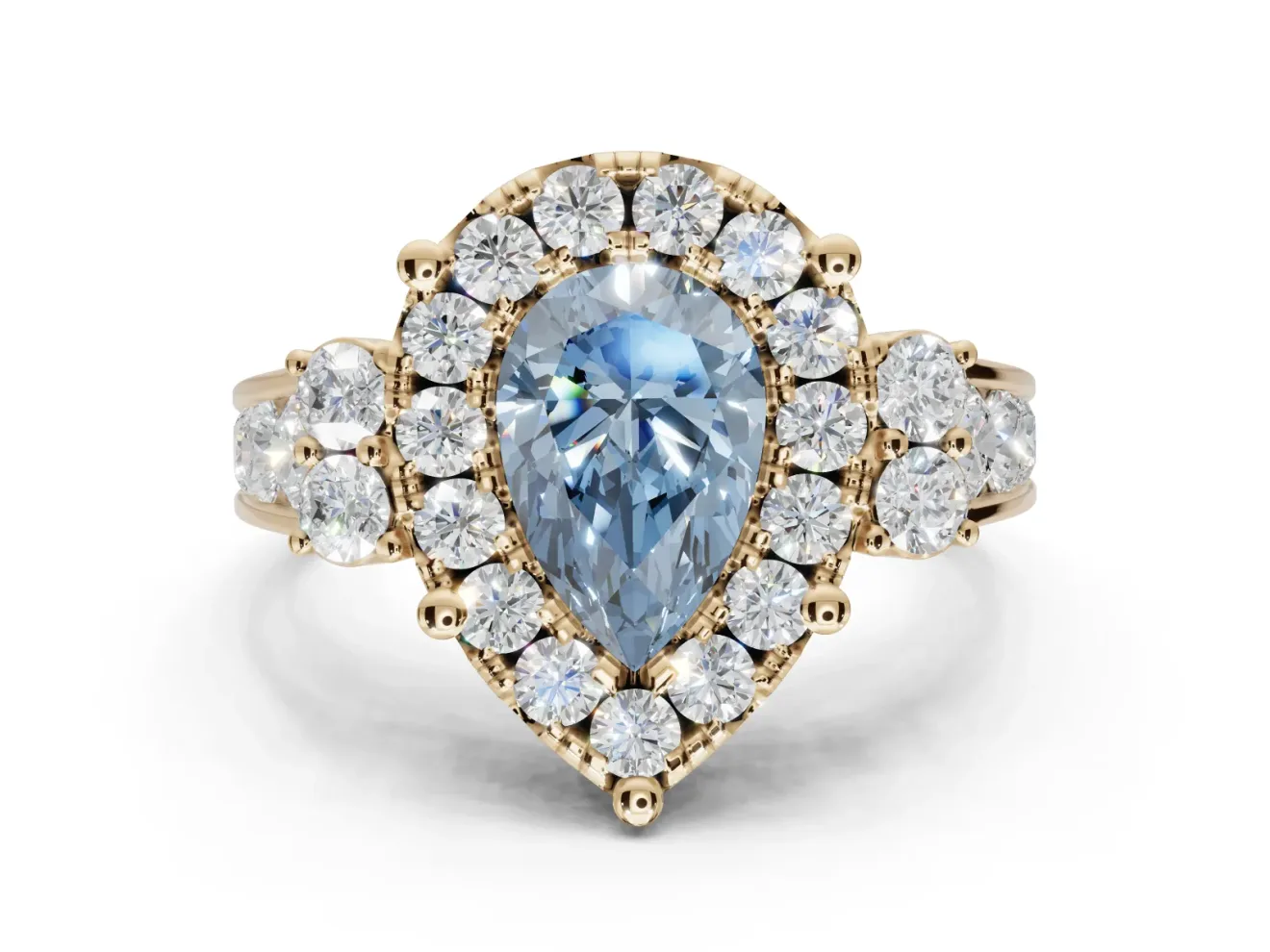 Pear-Shaped Halo Engagement Ring Setting for a Fancy Blue Lab-Grown Diamond | Graduated Channel Band | Yellow Gold