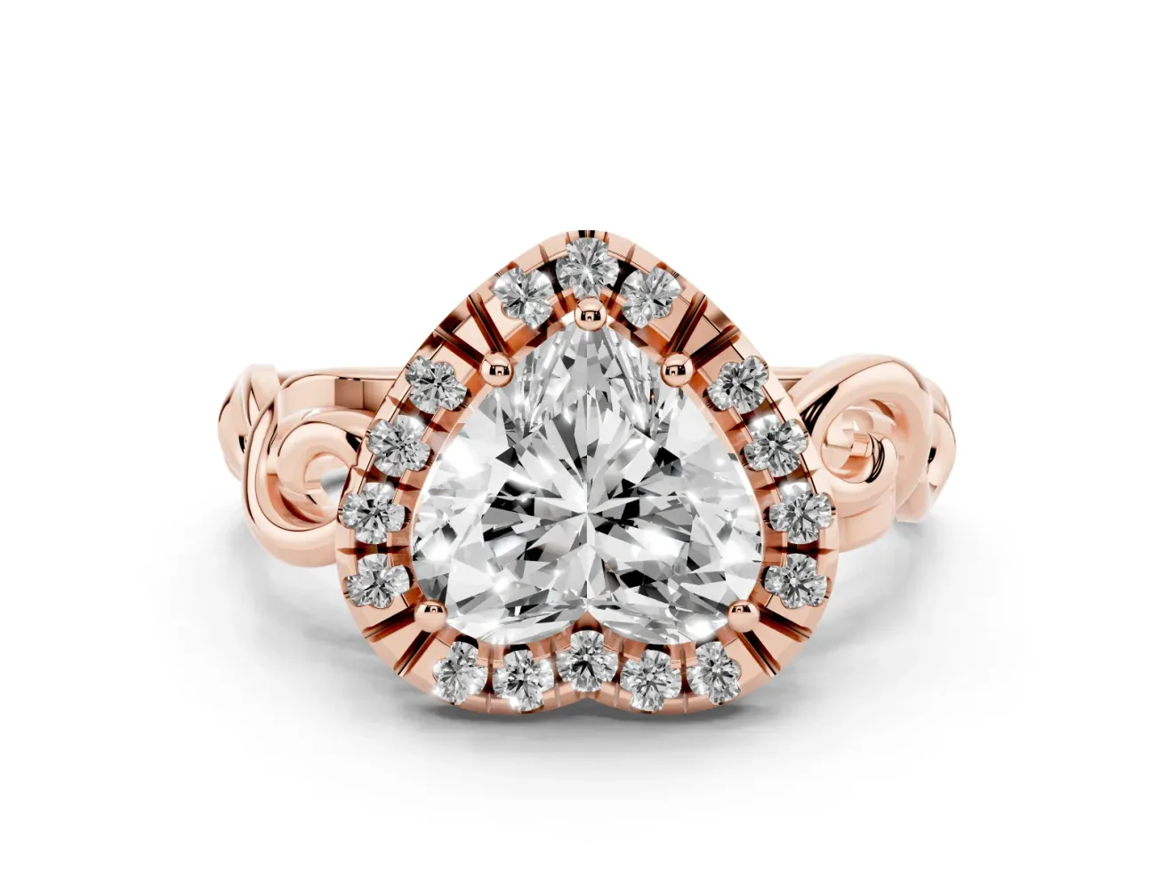 Heart Cut Diamond Halo Ring Set in Rose gold with Scrollwork Band and Prong Setting