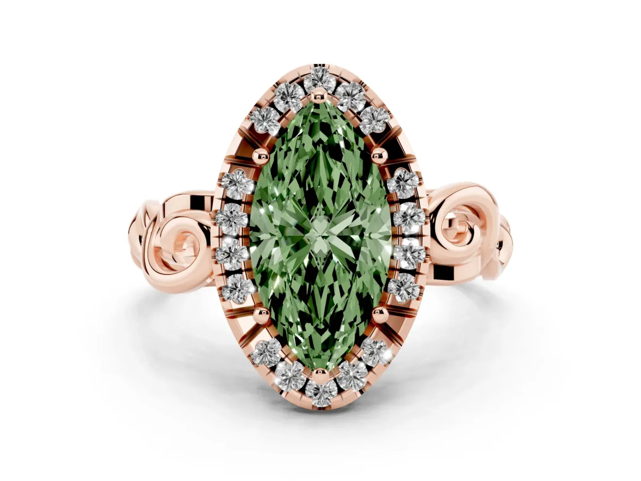 Fancy Green Marquise Cut Diamond Halo Ring Set in Rose gold with Scrollwork Band and Prong Setting