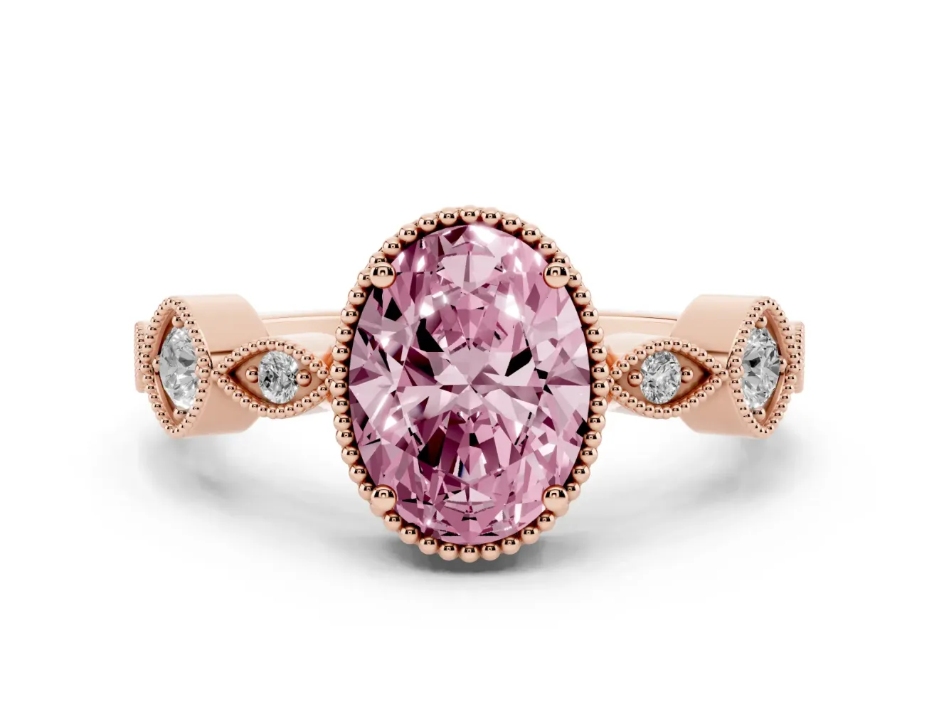 Fancy Pink Oval Cut Diamond Vintage-Inspired Milgrain Ring Set in Rose gold with Marquise Stations of Round Accents