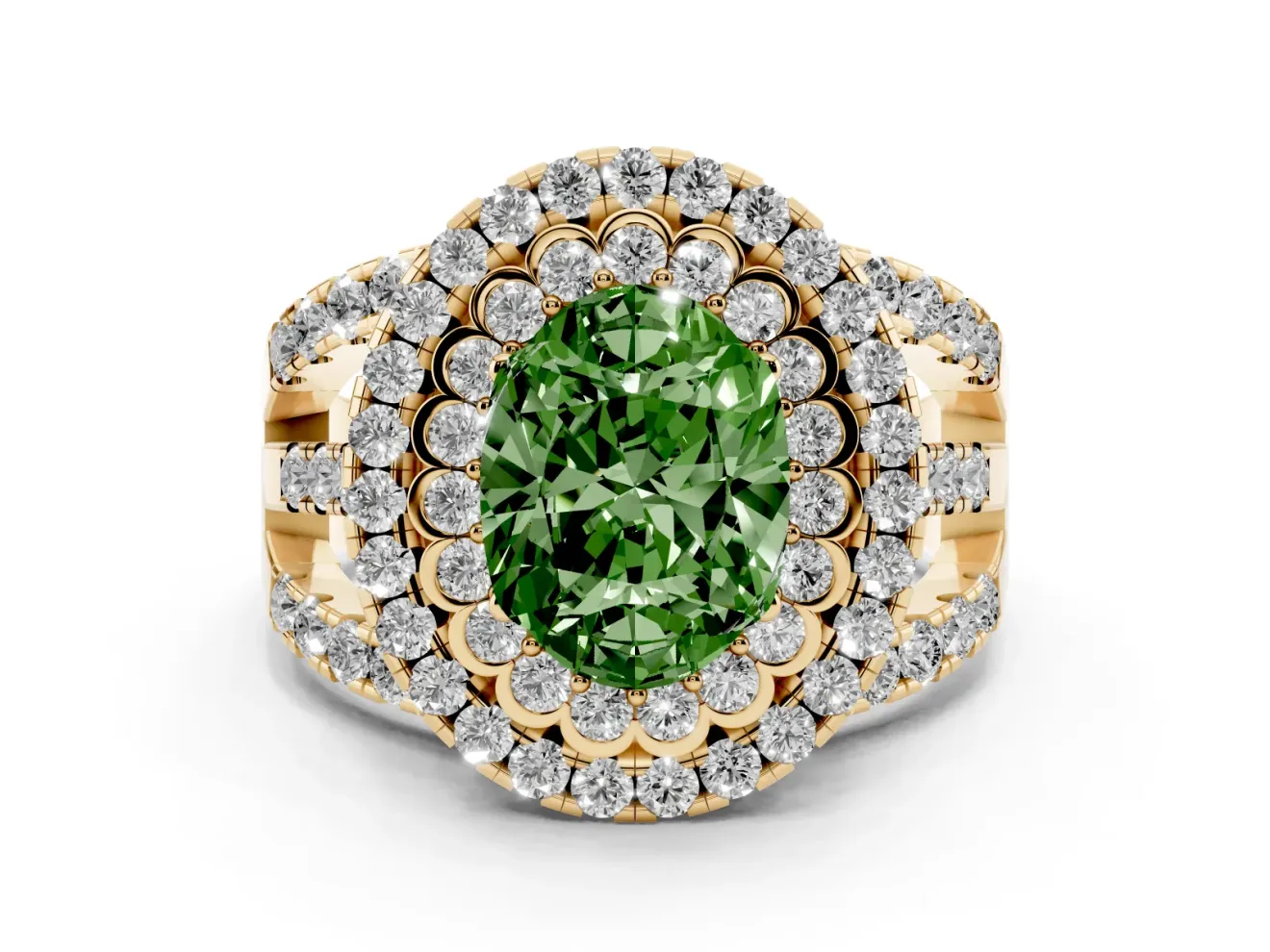 Oval Double Halo Split Shank Engagement Ring Setting for a Fancy Green Lab-Grown Diamond | Pave Strands | Yellow Gold